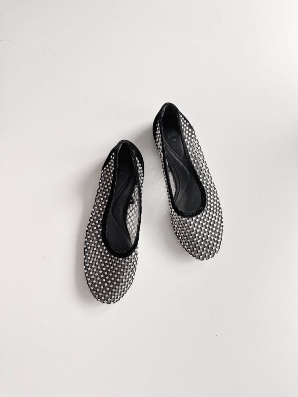 ZARA Black Velvet Mesh Crystal Rhinestone Ballerina Ballet Flats, Size 39